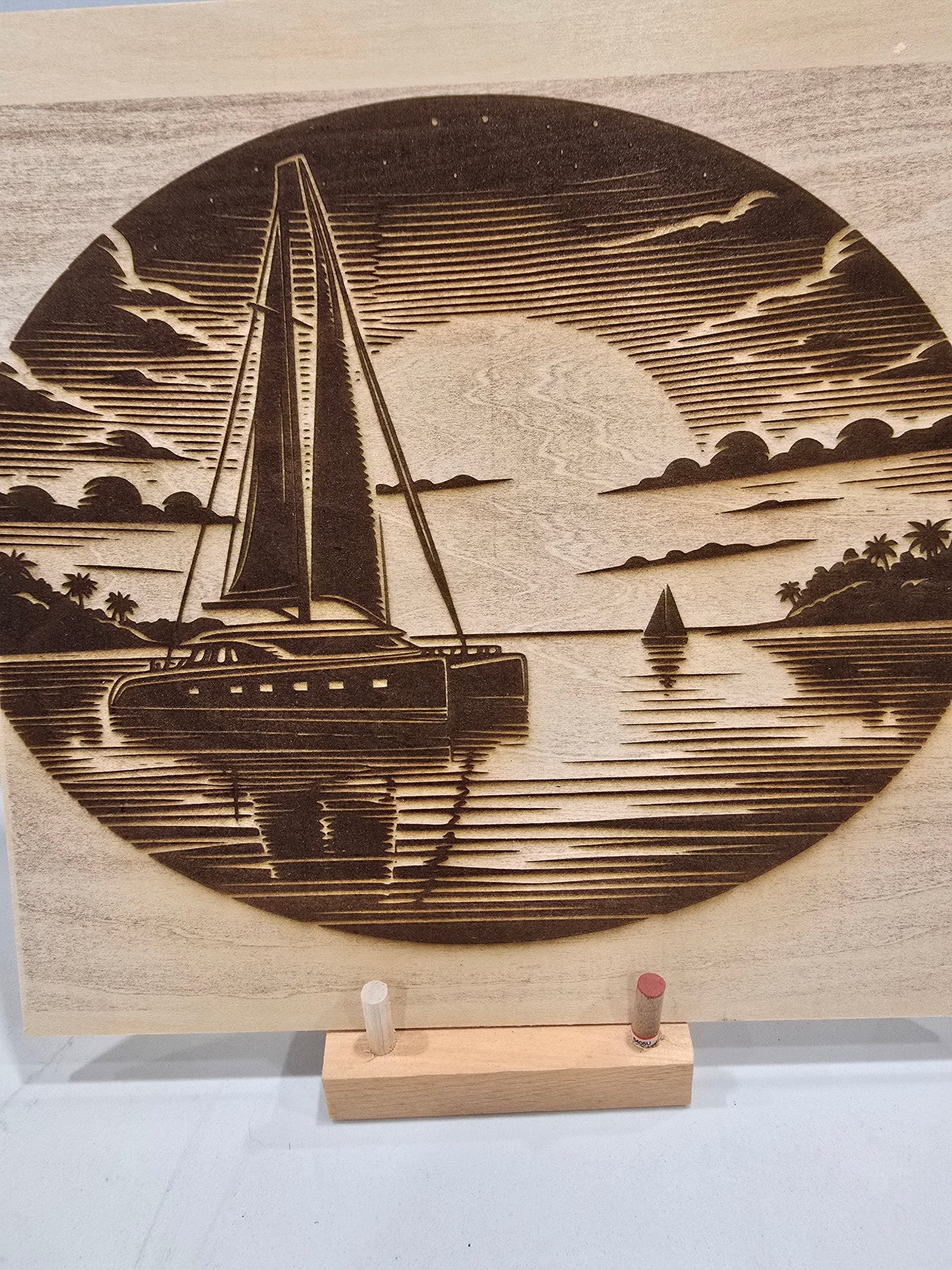 Laser Engraved Wall Art - Sail Boat on Water at Sunset