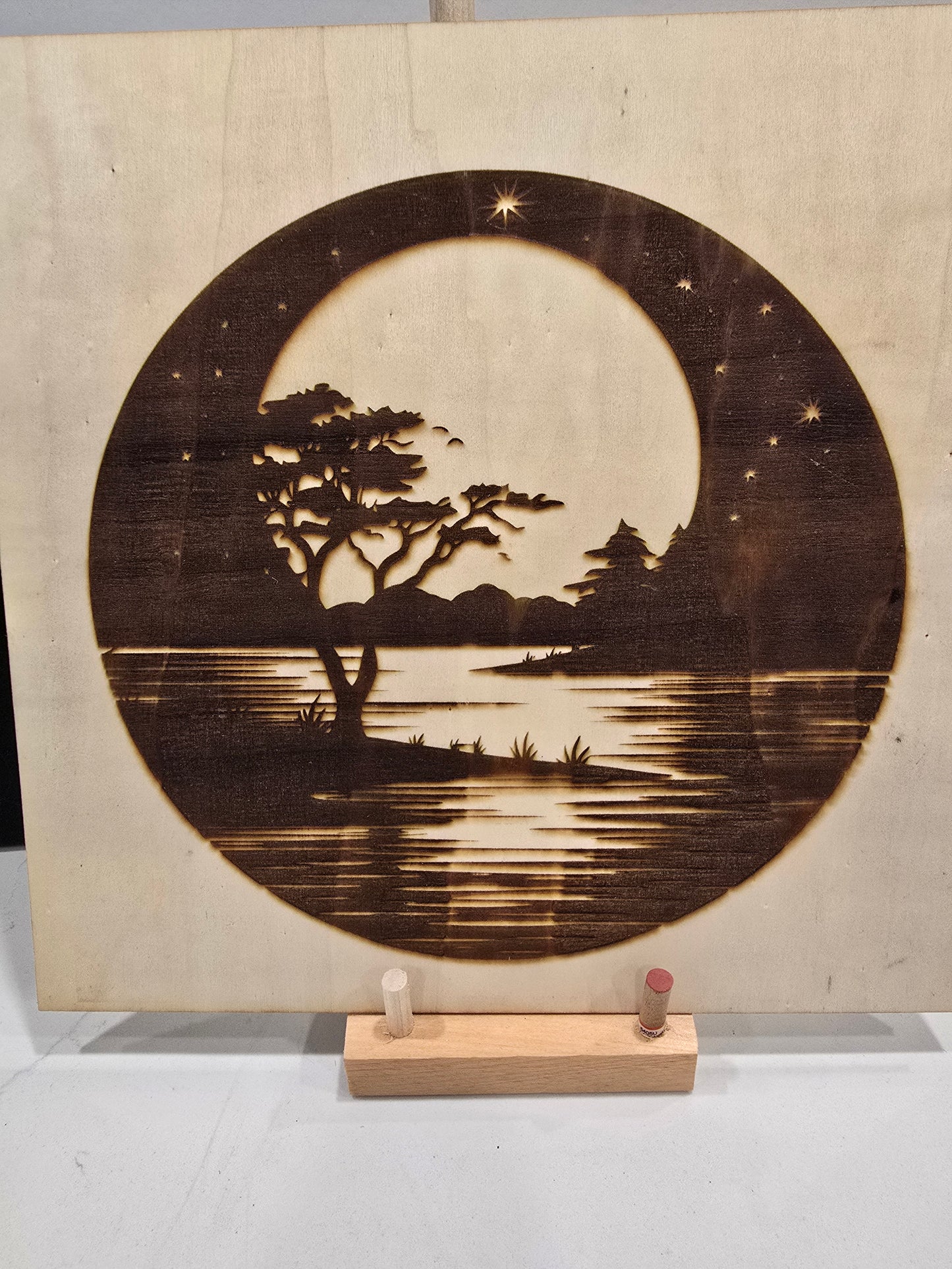 Laser Engraving of Moon Tree and Lake