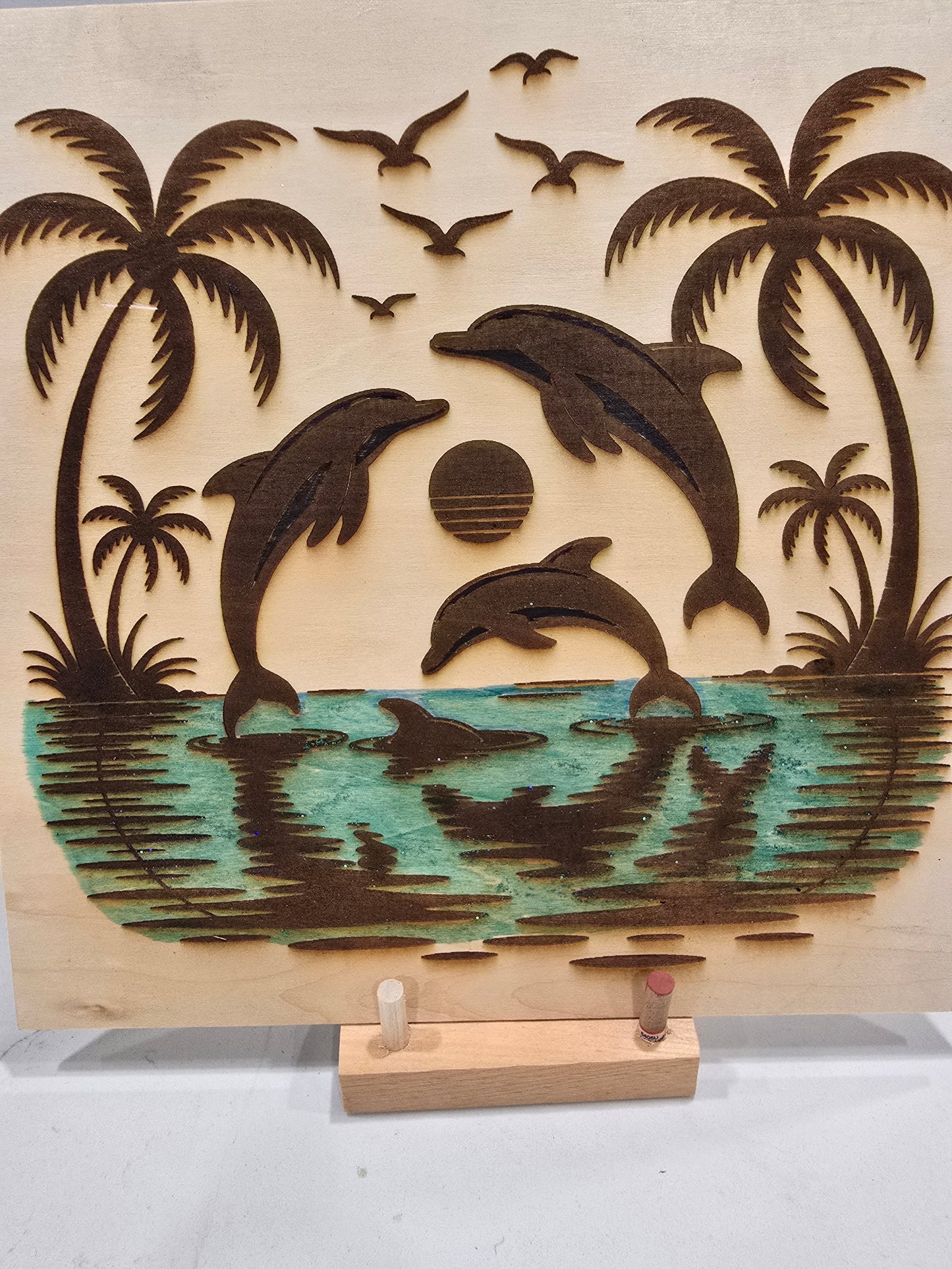 Laser Engraved Wall Art - Palm Trees, Ocean, Birds, Sun, and Dolphins