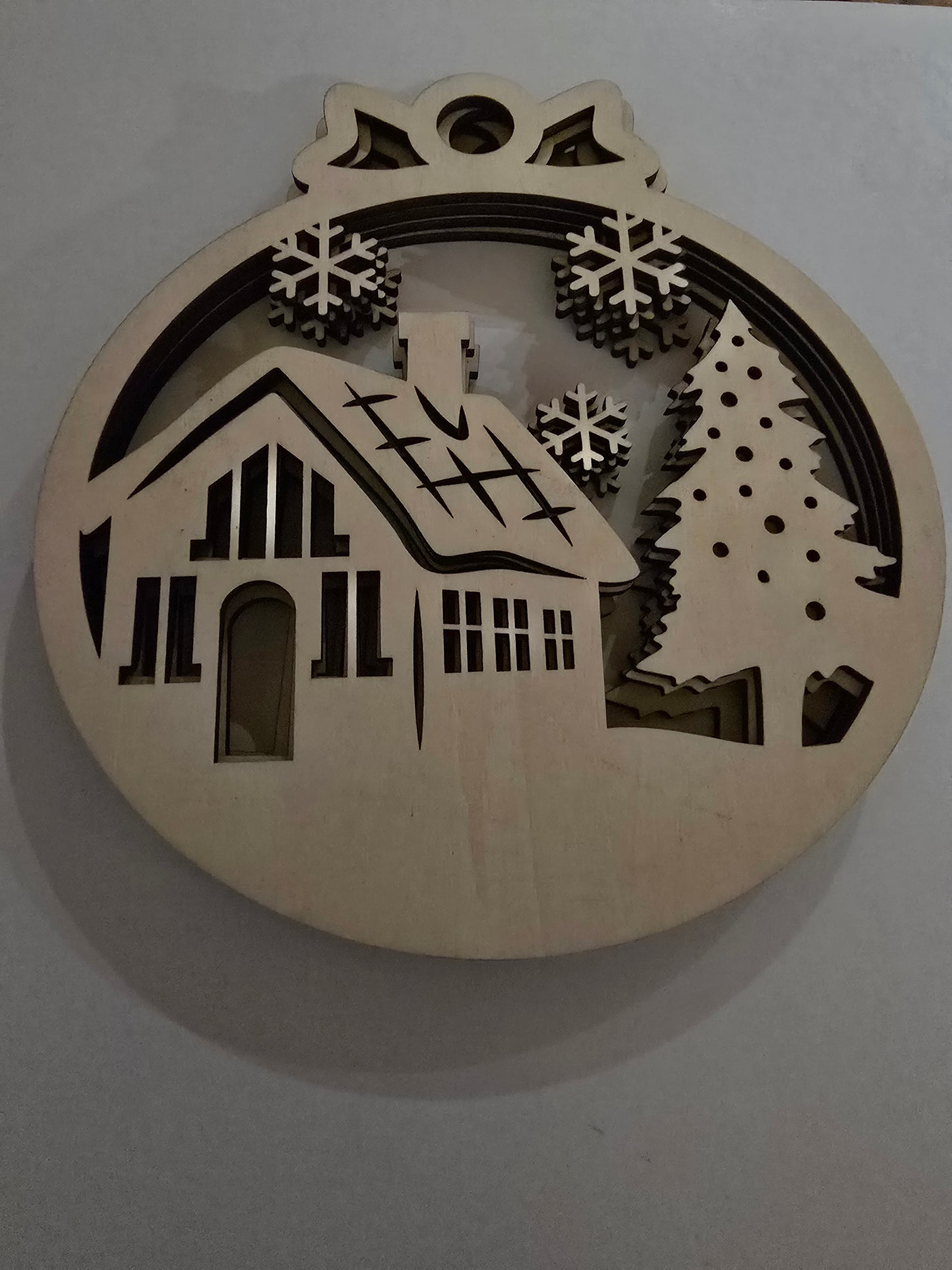 Laser Cut Winter Scene Christmas Ornaments - House, Tree & Snowflakes Set of 4