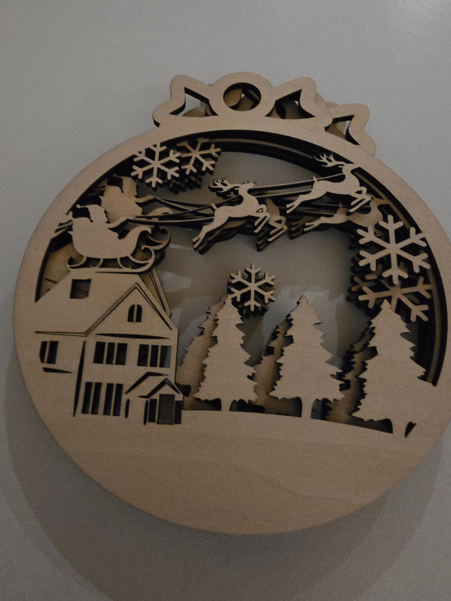 Christmas Village Scene Ornaments - House, Trees, Snowflake & Santa's Sleigh Set of 4