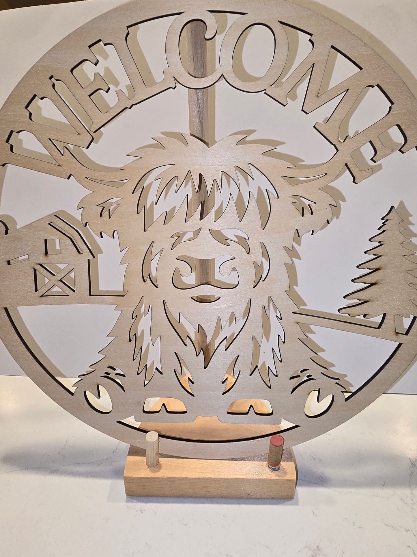 Laser Cut Highland Cow Welcome Wall Art with Barn and Tree
