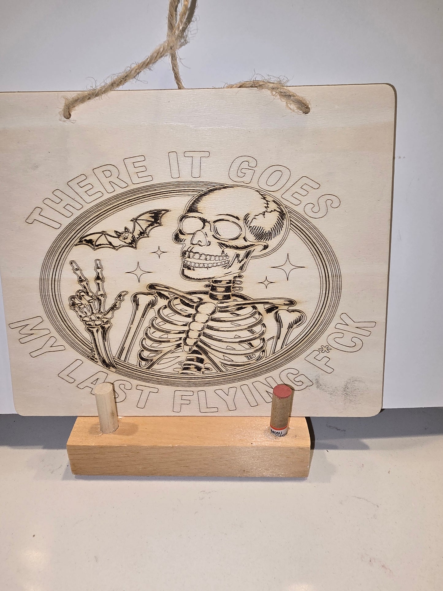 Laser Engraved Skeleton & Bat 'Last Flying F*ck' Wall Hanging