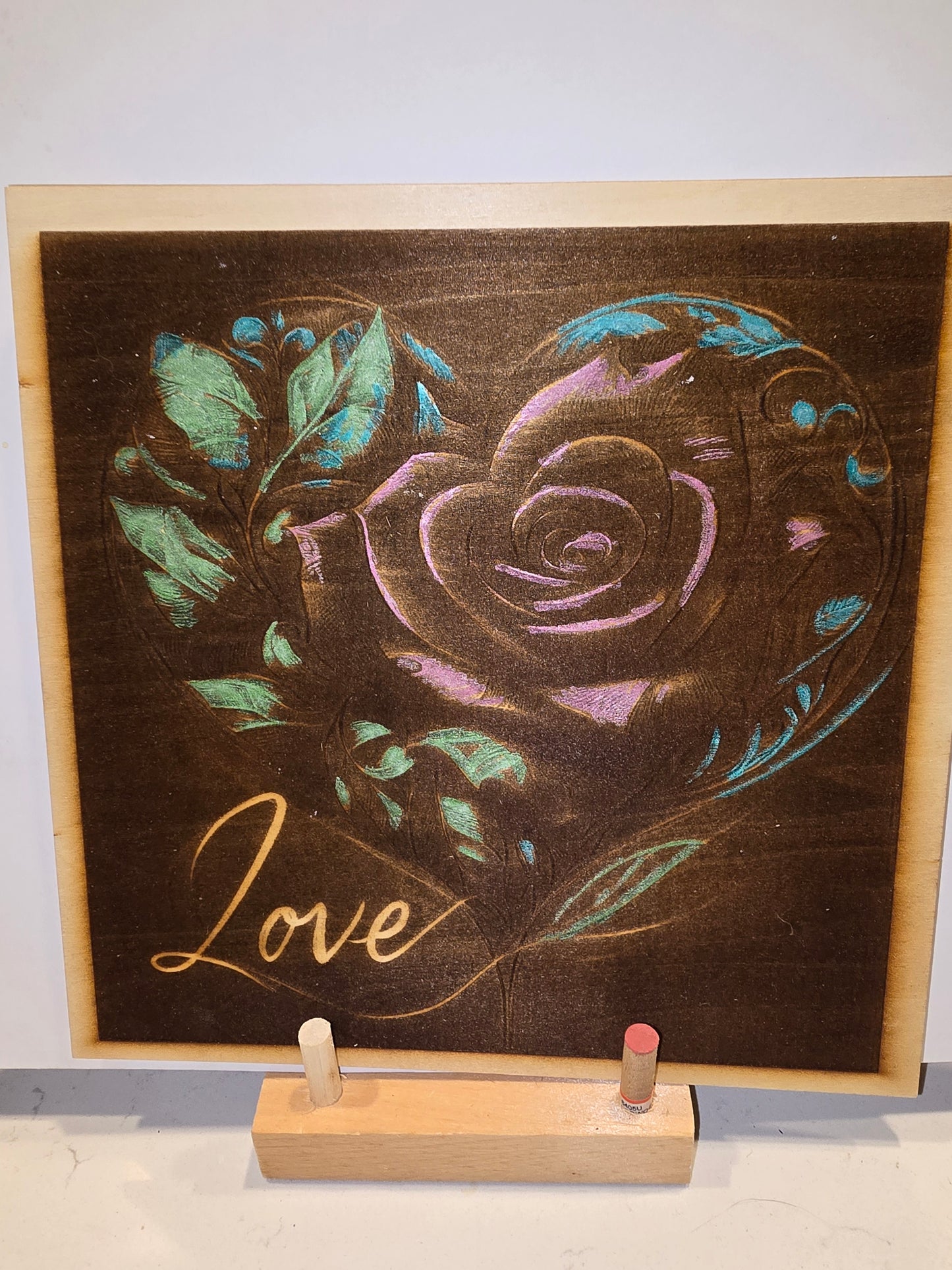 6x6 Laser Engraved Rose Heart 'Love' Glitter Wall Print