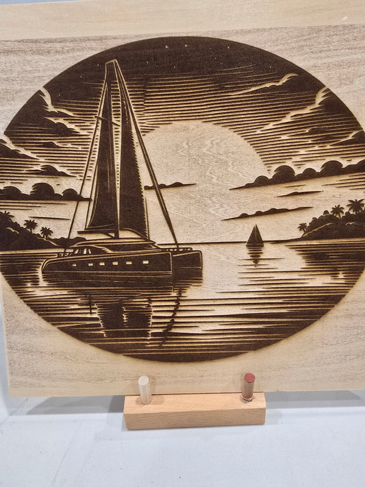 Laser Engraved Wall Art - Sail Boat on Water at Sunset