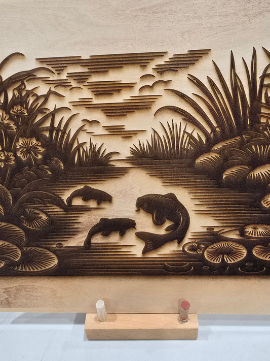 Laser Engraved Wall Art - Fish in a Pond at Sunset