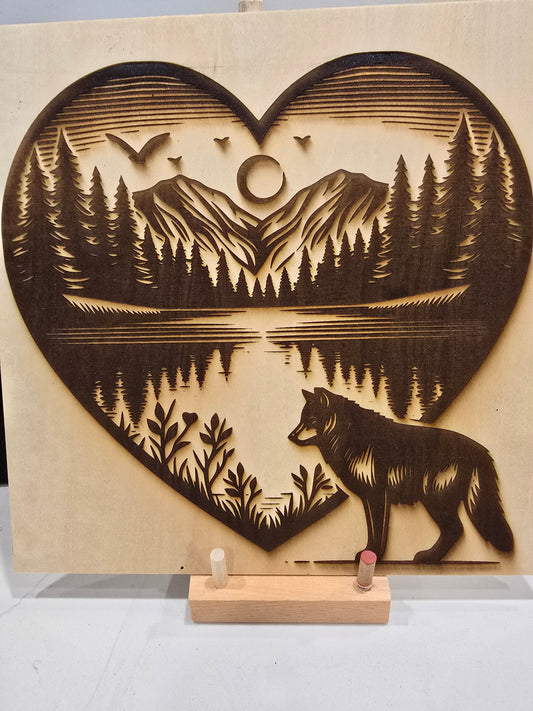 Laser Engraved Wall Art - Wolf Moon Forest Lake Bird Scene