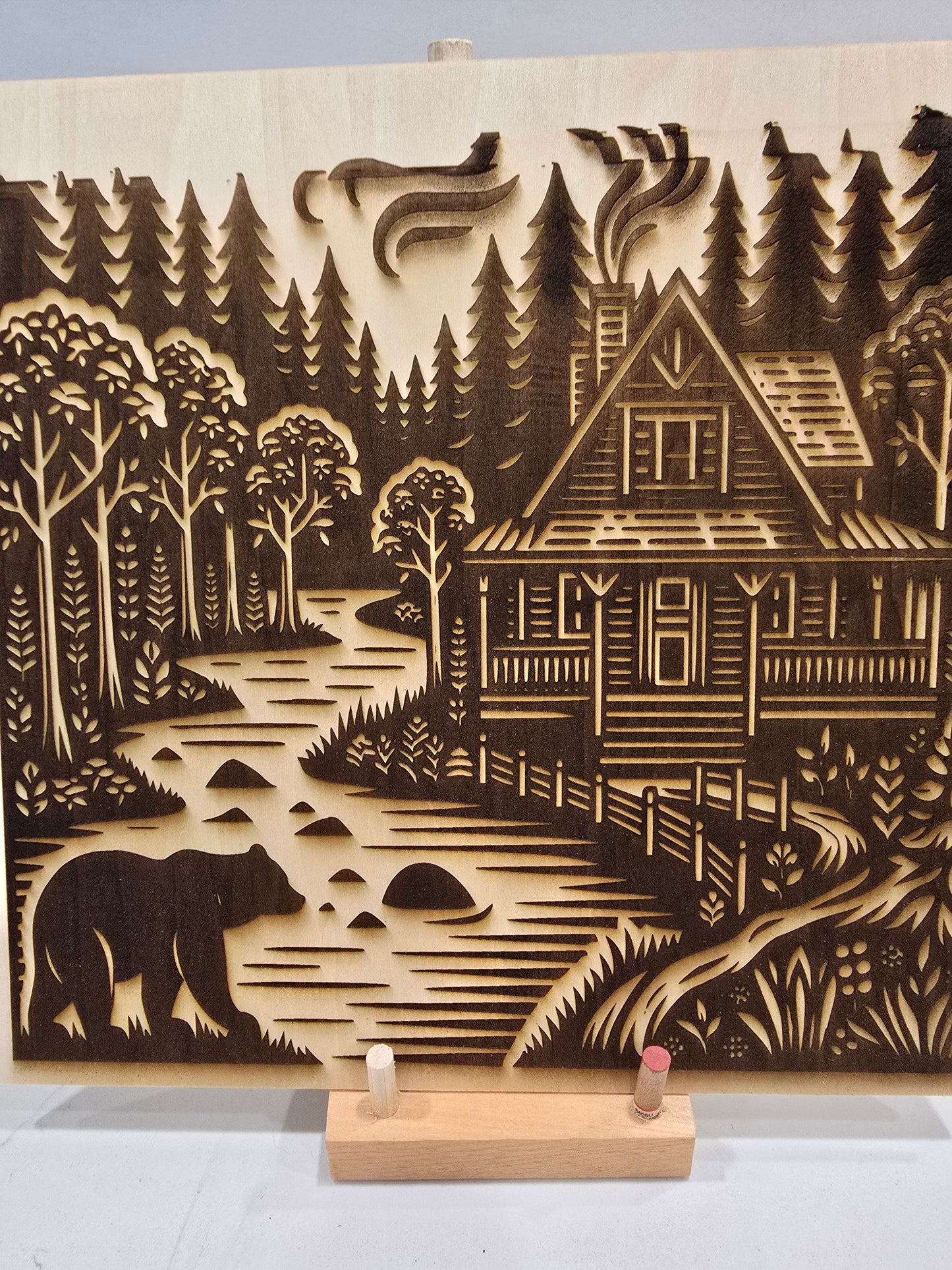 Laser Engraved Wall Art - Cabin Bear Forest and River