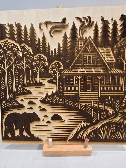 Laser Engraved Wall Art - Cabin Bear Forest and River