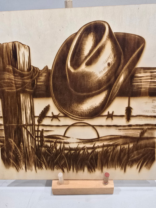 Laser Engraving - Cowboy Hat on Fence