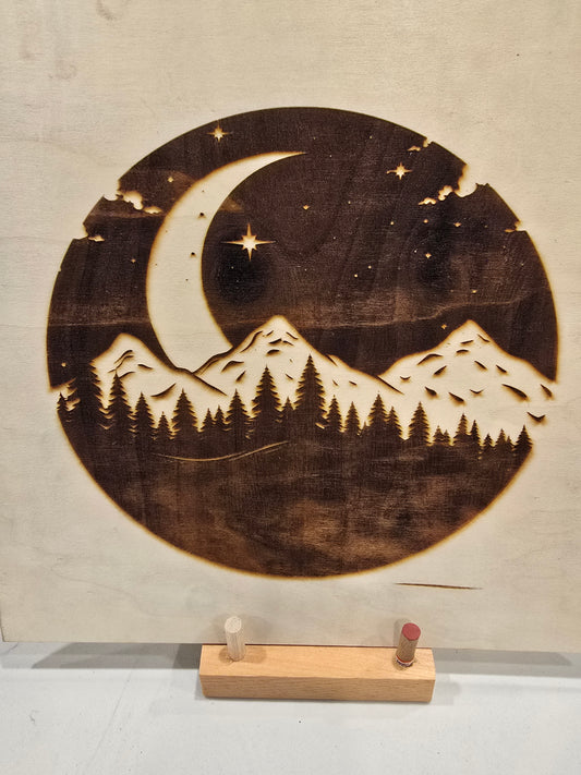Laser Engraved Wall Art - Moon Mountains and Pine Trees