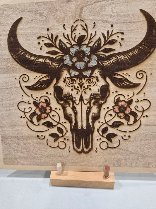 Laser Engraved Bull Skull with Flowers