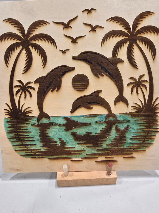Laser Engraved Wall Art - Palm Trees, Ocean, Birds, Sun, and Dolphins