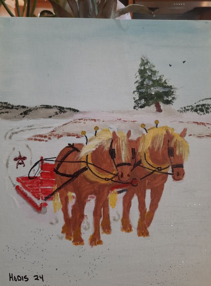 Horse Drawn Sled in Winter - Handpainted Folk Art by Deb