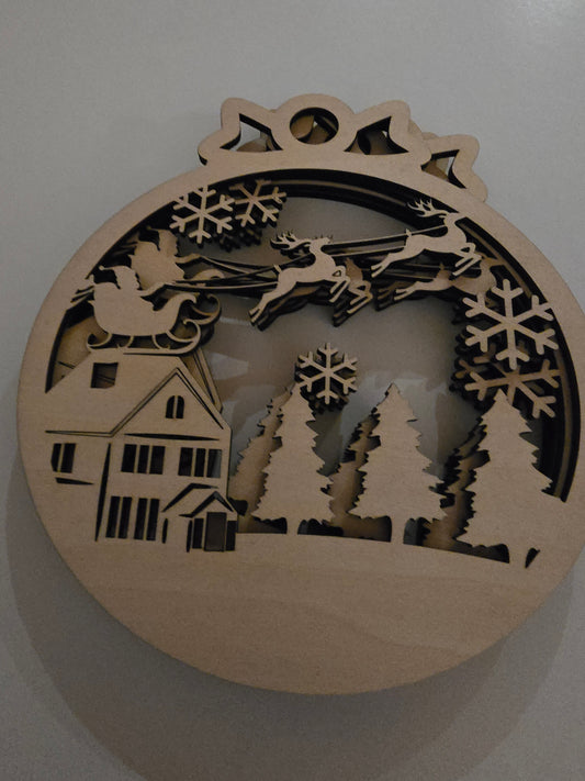Christmas Village Scene Ornaments - House, Trees, Snowflake & Santa's Sleigh Set of 4