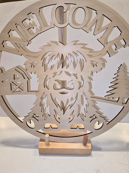 Laser Cut Highland Cow Welcome Wall Art with Barn and Tree