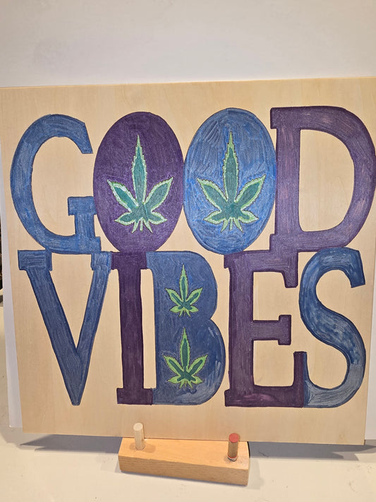 Laser Engraved 'Good Vibes' Metallic Wall Art with Cannabis Leaves