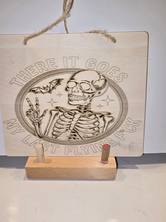 Laser Engraved Skeleton & Bat 'Last Flying F*ck' Wall Hanging