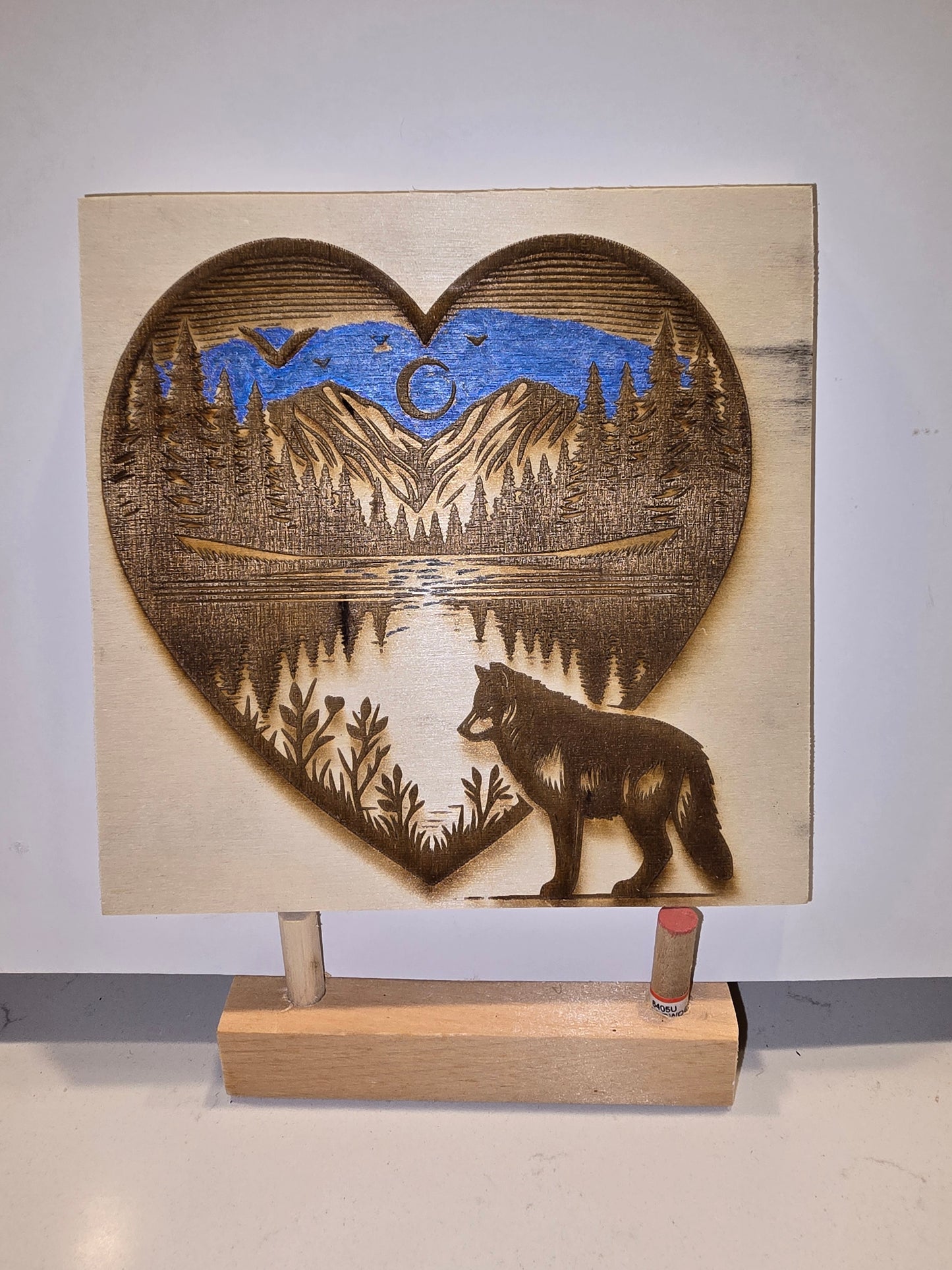 6x6 Laser Engraved Mountain Heart Wolf Wall Print