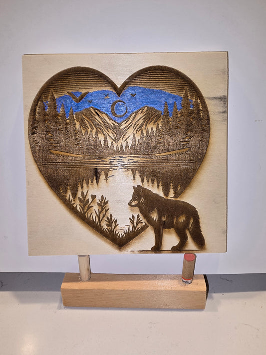 6x6 Laser Engraved Mountain Heart Wolf Wall Print