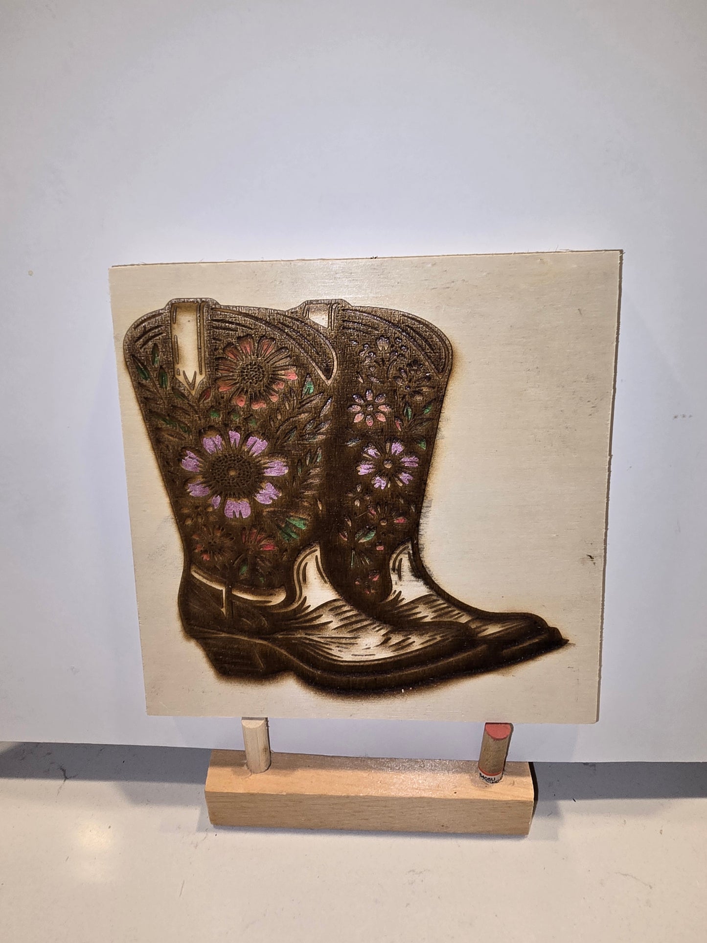 6x6 Laser Engraved Floral Cowgirl Boots Pastel Wall Print